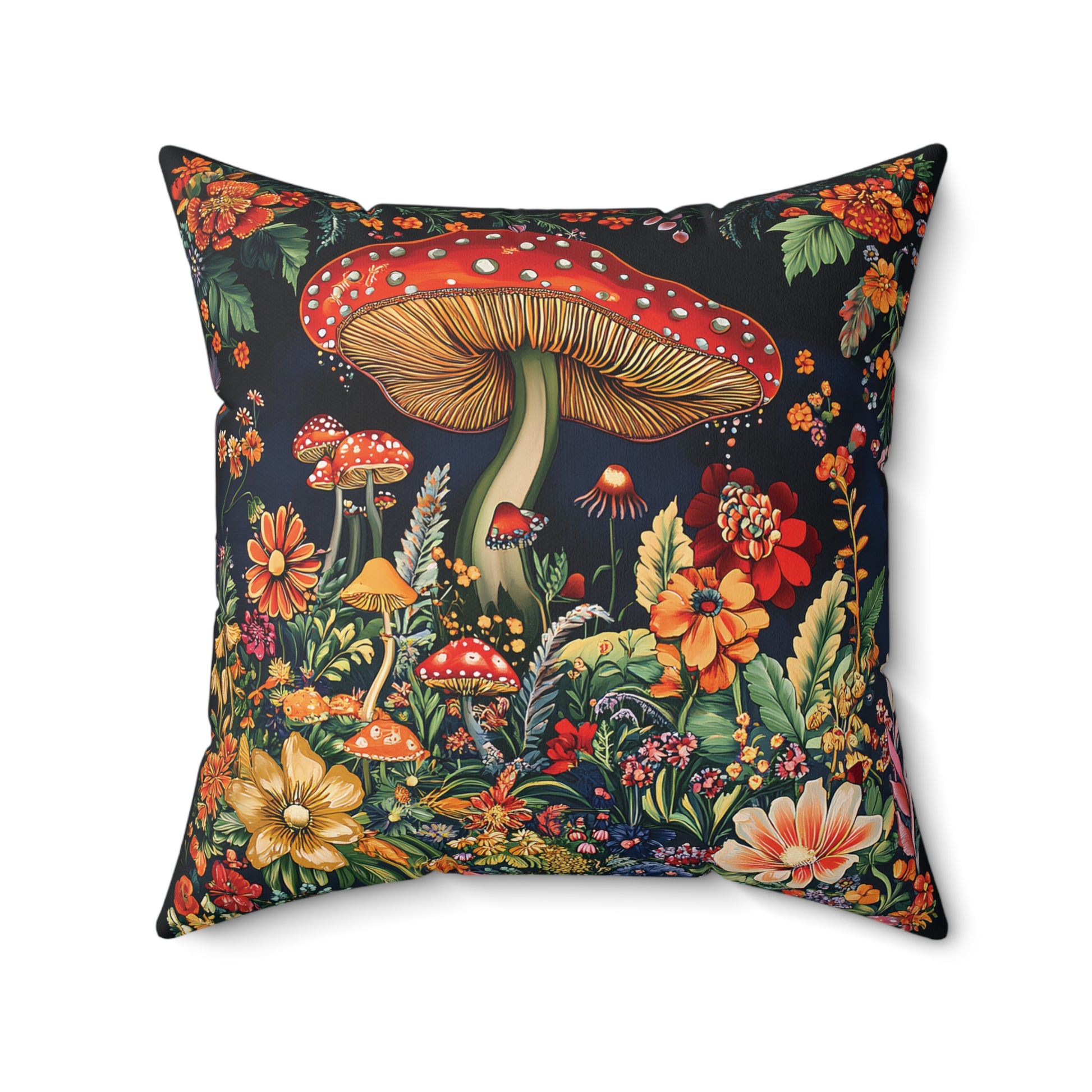William Morris Style Mushroom and Botanicals Square Pillow, Red Mushroom and Flowers, insert included - Homevalley.co.uk
