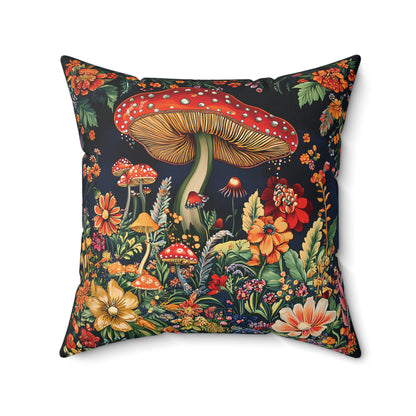William Morris Style Mushroom and Botanicals Square Pillow, Red Mushroom and Flowers, insert included - Homevalley.co.uk