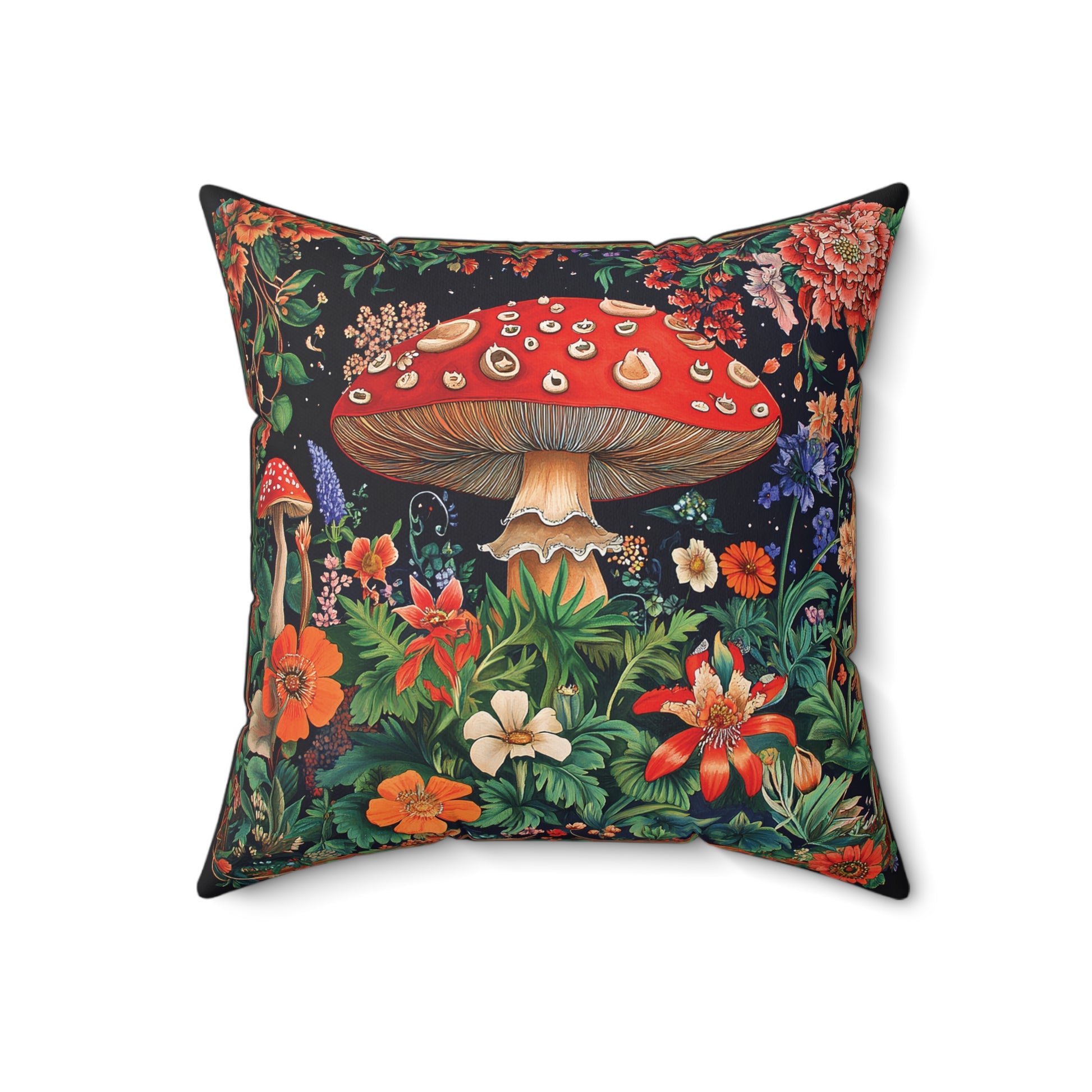William Morris Style Mushroom and Botanicals Square Pillow, Red Mushroom and Flowers, insert included - Homevalley.co.uk