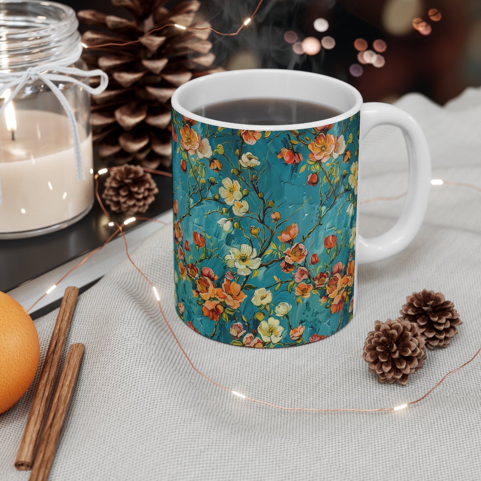 Turquoise Floral Design White Ceramic Coffee Mug, Floral Coffee Cup, Gift for Her, Mother's day, Gift Idea, Birthday Gift, 11oz - Homevalley.co.uk