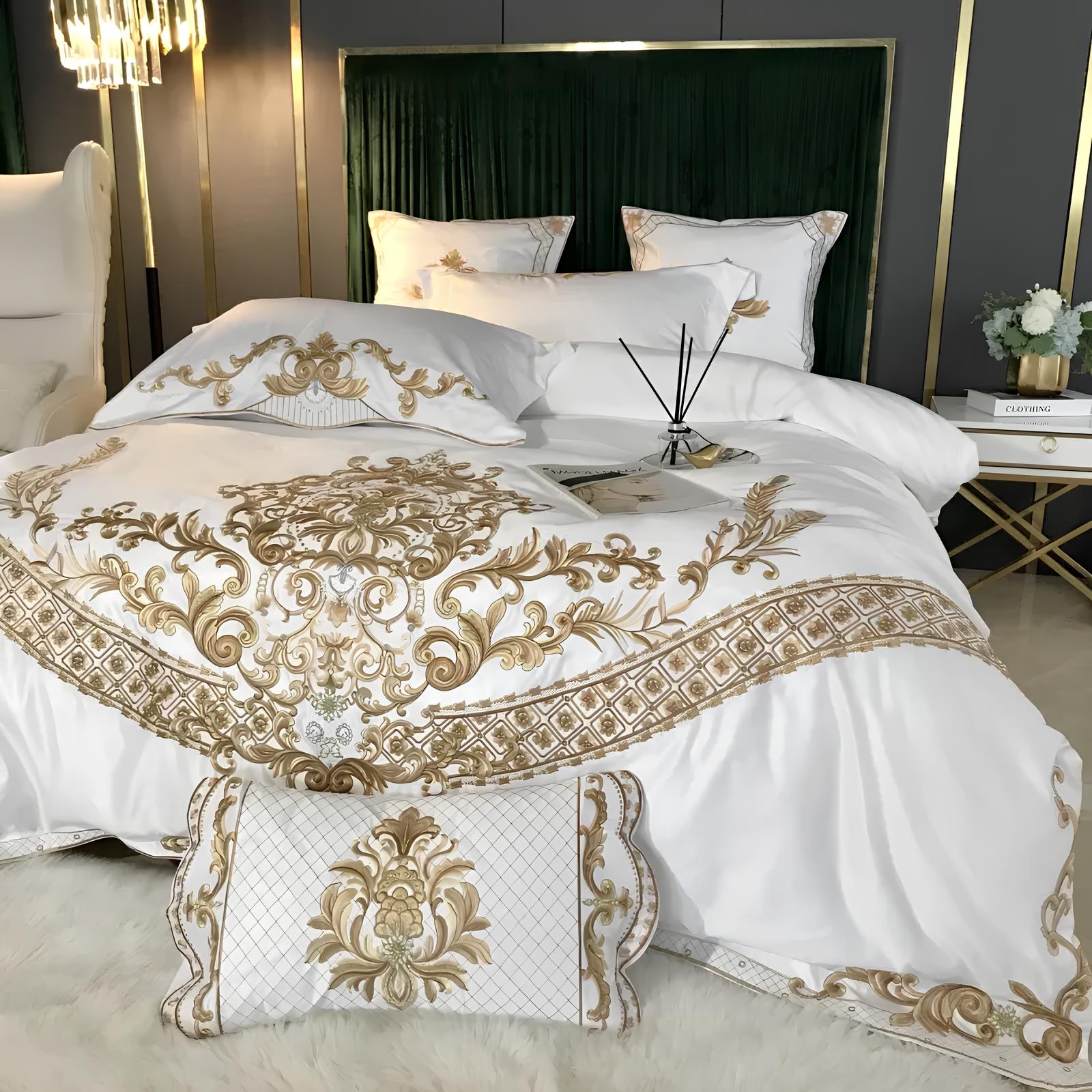 4- 5Pcs Luxury White Satin Cotton with Royal Gold Embroidery Duvet Set, 600TC - Homevalley.co.uk