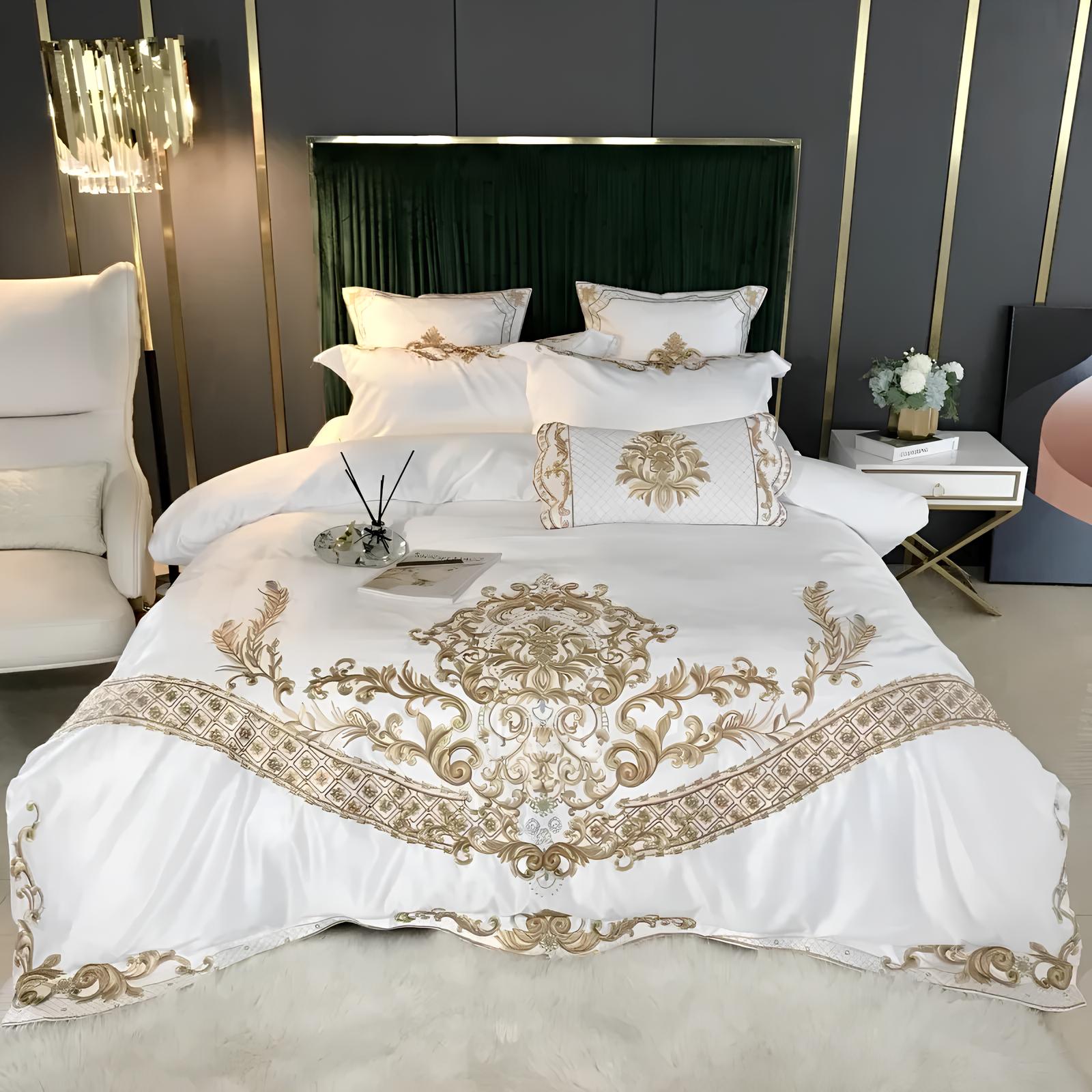 4- 5Pcs Luxury White Satin Cotton with Royal Gold Embroidery Duvet Set, 600TC - Homevalley.co.uk