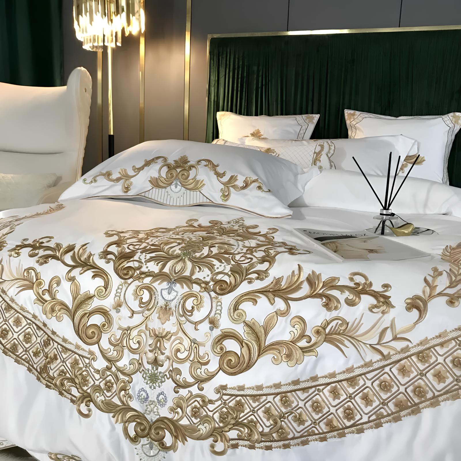 4- 5Pcs Luxury White Satin Cotton with Royal Gold Embroidery Duvet Set, 600TC - Homevalley.co.uk