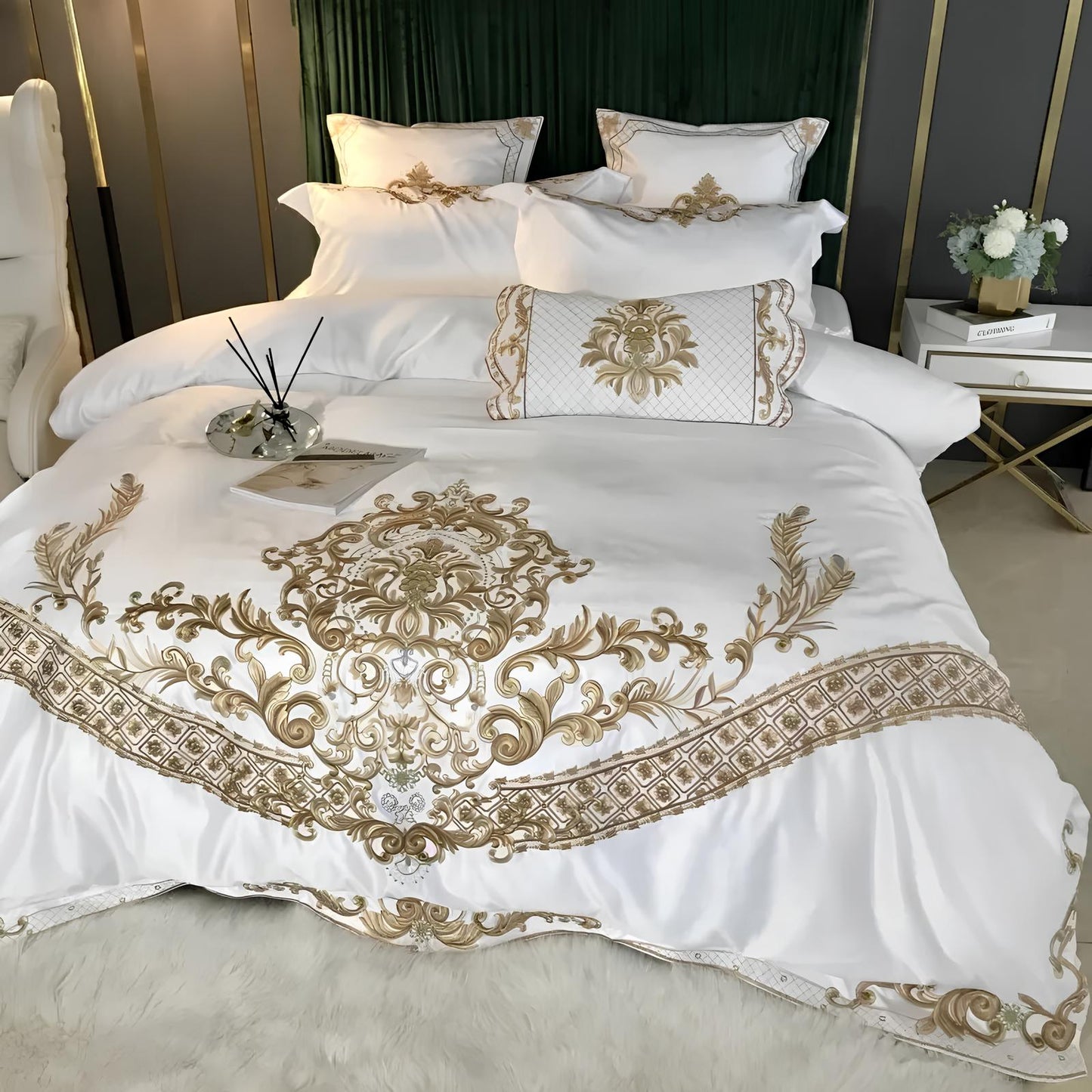 4- 5Pcs Luxury White Satin Cotton with Royal Gold Embroidery Duvet Set, 600TC - Homevalley.co.uk