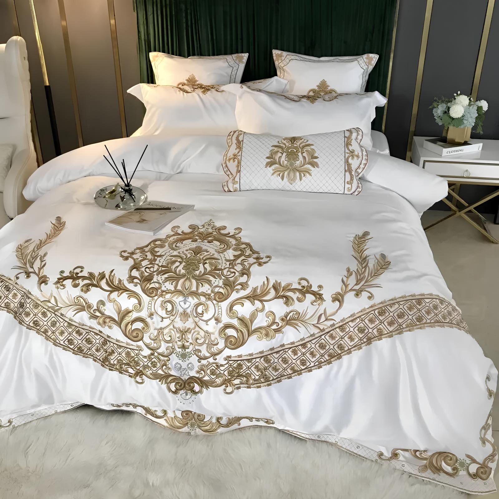 4- 5Pcs Luxury White Satin Cotton with Royal Gold Embroidery Duvet Set, 600TC - Homevalley.co.uk