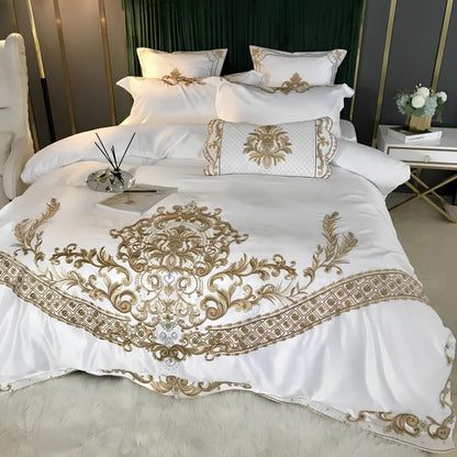 4- 5Pcs Luxury White Satin Cotton with Royal Gold Embroidery Duvet Set, 600TC - Homevalley.co.uk