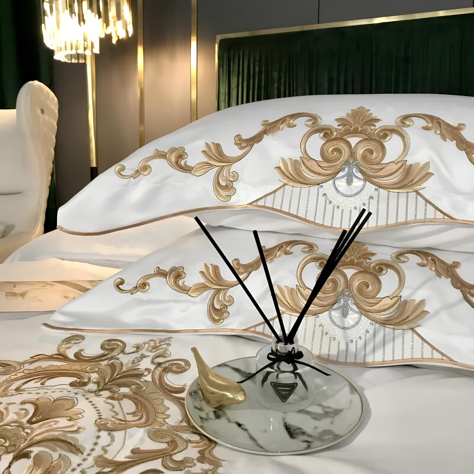 4- 5Pcs Luxury White Satin Cotton with Royal Gold Embroidery Duvet Set, 600TC - Homevalley.co.uk