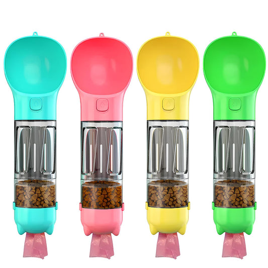 4 in1 Portable Cat Dog Water Bottle Feeder Drinker Poop Bag Dispenser - Homevalley.co.uk