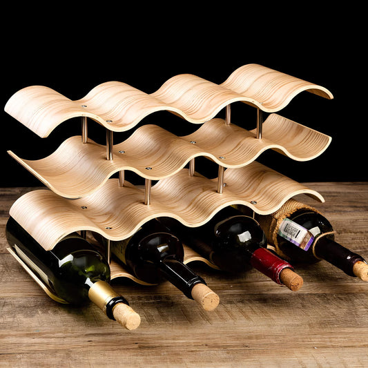 4 Tier Wave Bamboo Wine Rack 14 Bottle Set - Homevalley.co.uk