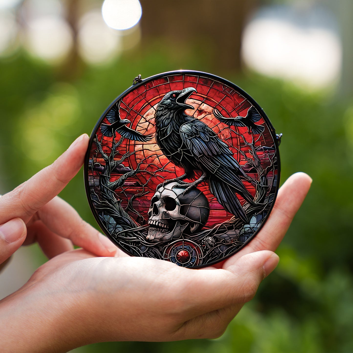 Gothic Raven Skull Stained Glass Suncatcher – Dark Crow Window Hanging, Witchy Halloween Home Decor Gift