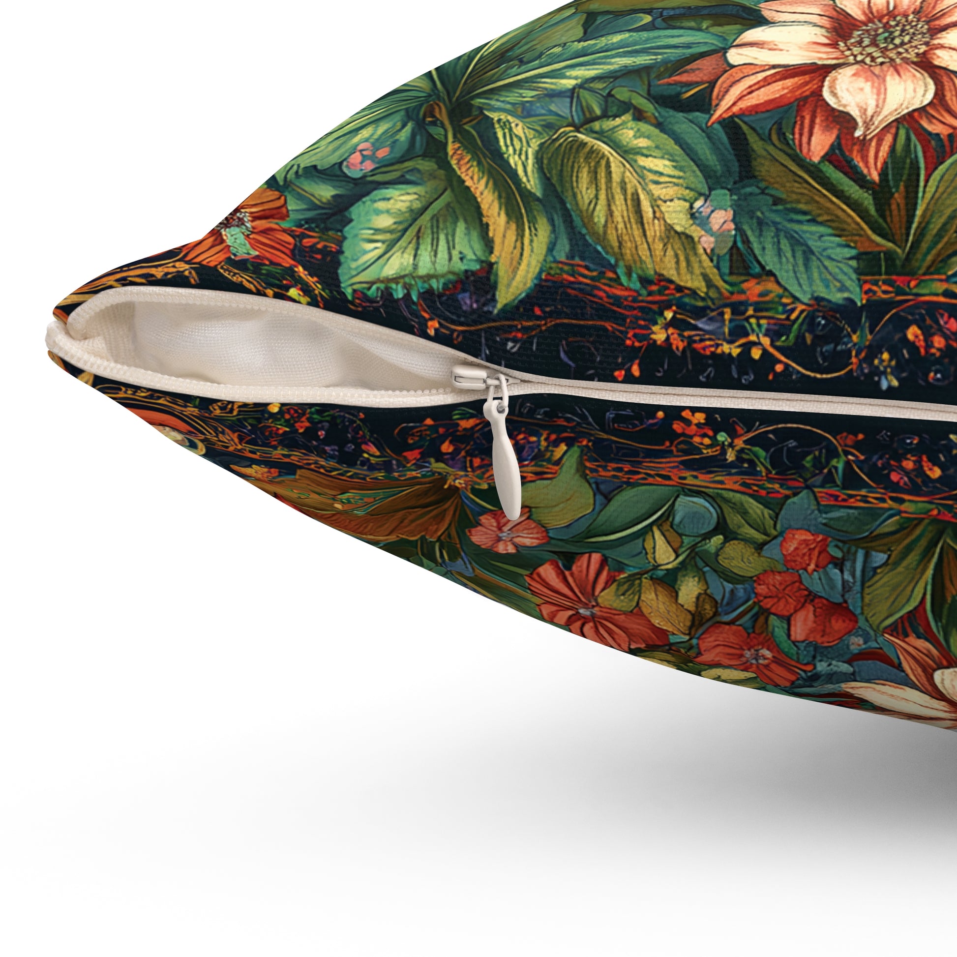William Morris Style Mushroom and Botanicals Square Pillow, Red Mushroom and Flowers, insert included - Homevalley.co.uk