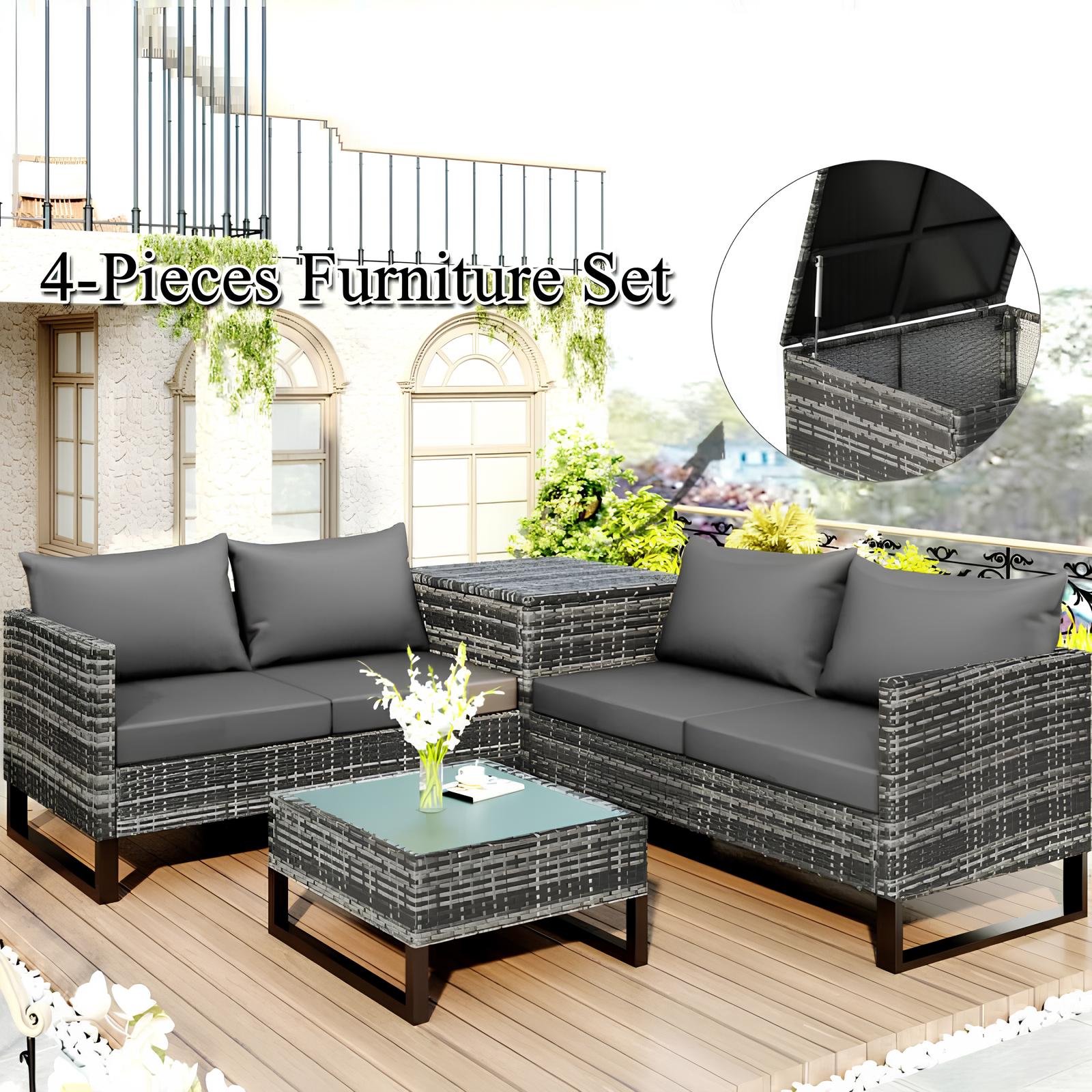 4PCS Garden Rattan Corner Sofa Set Outdoor Furniture Patio Sofa With Storage Box - Homevalley.co.uk
