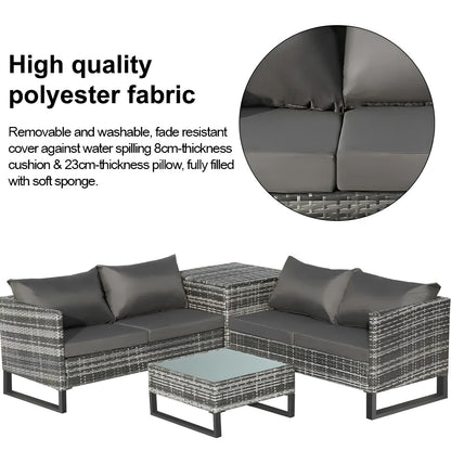 4PCS Garden Rattan Corner Sofa Set Outdoor Furniture Patio Sofa With Storage Box - Homevalley.co.uk