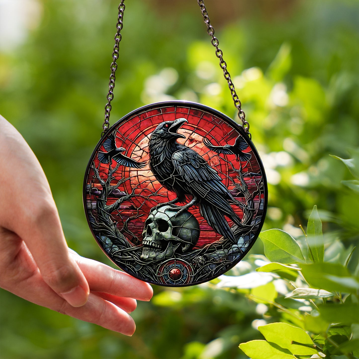 Gothic Raven Skull Stained Glass Suncatcher – Dark Crow Window Hanging, Witchy Halloween Home Decor Gift
