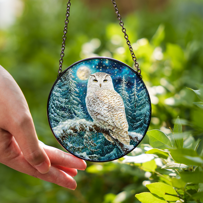 White Owl Stained Glass Effect Suncatcher for Window Hanging