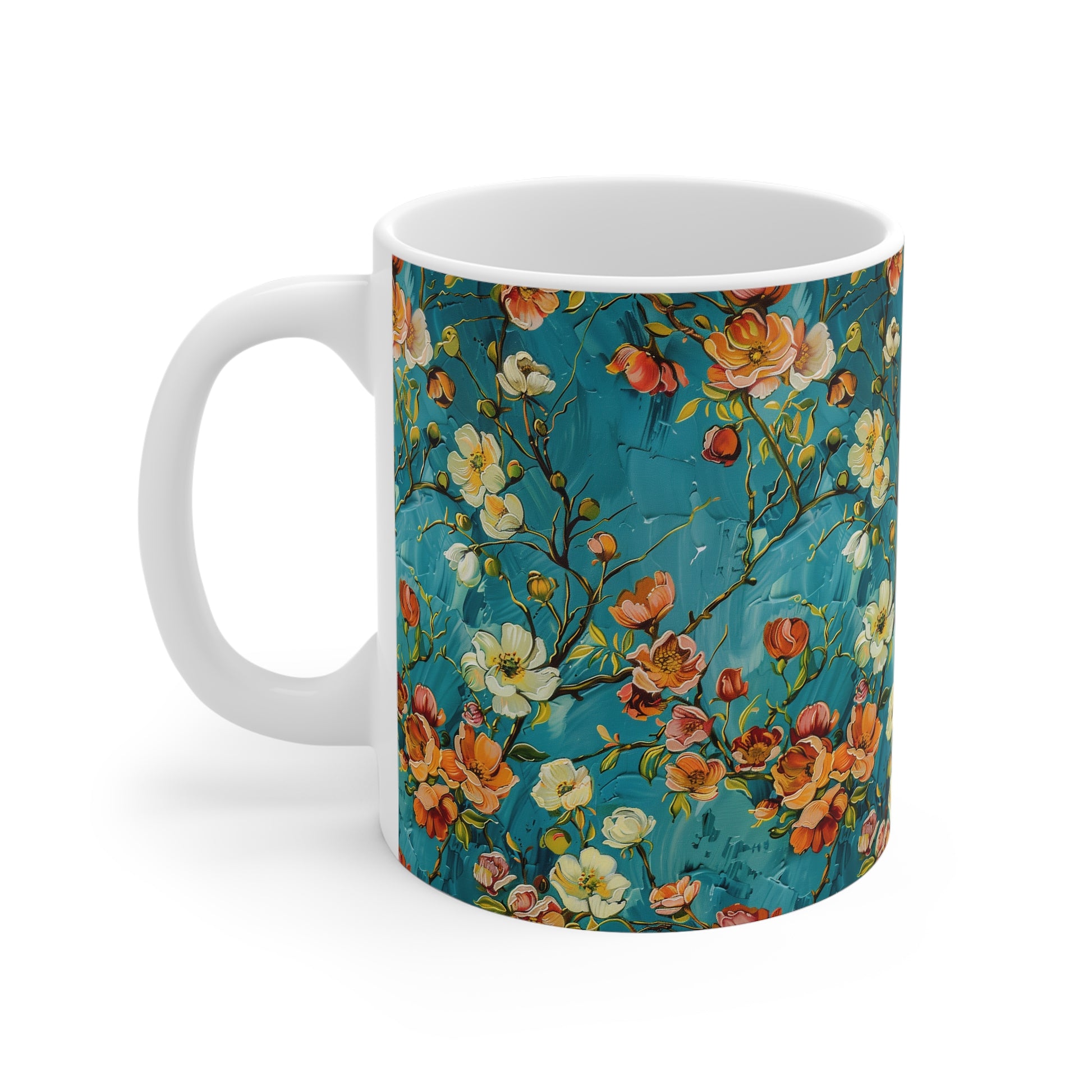 Turquoise Floral Design White Ceramic Coffee Mug, Floral Coffee Cup, Gift for Her, Mother's day, Gift Idea, Birthday Gift, 11oz - Homevalley.co.uk