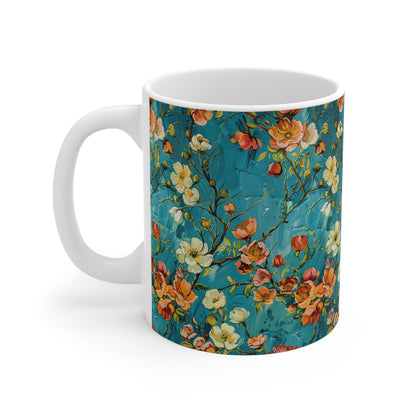 Turquoise Floral Design White Ceramic Coffee Mug, Floral Coffee Cup, Gift for Her, Mother's day, Gift Idea, Birthday Gift, 11oz - Homevalley.co.uk