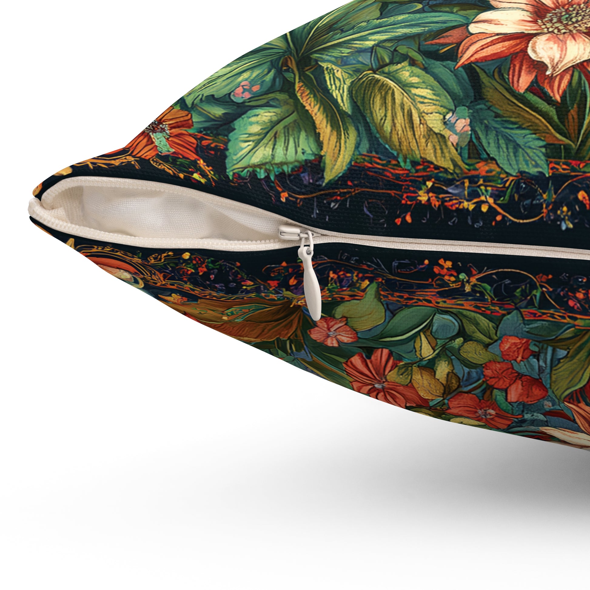 William Morris Style Mushroom and Botanicals Square Pillow, Red Mushroom and Flowers, insert included - Homevalley.co.uk