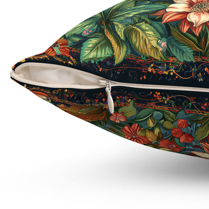 William Morris Style Mushroom and Botanicals Square Pillow, Red Mushroom and Flowers, insert included - Homevalley.co.uk