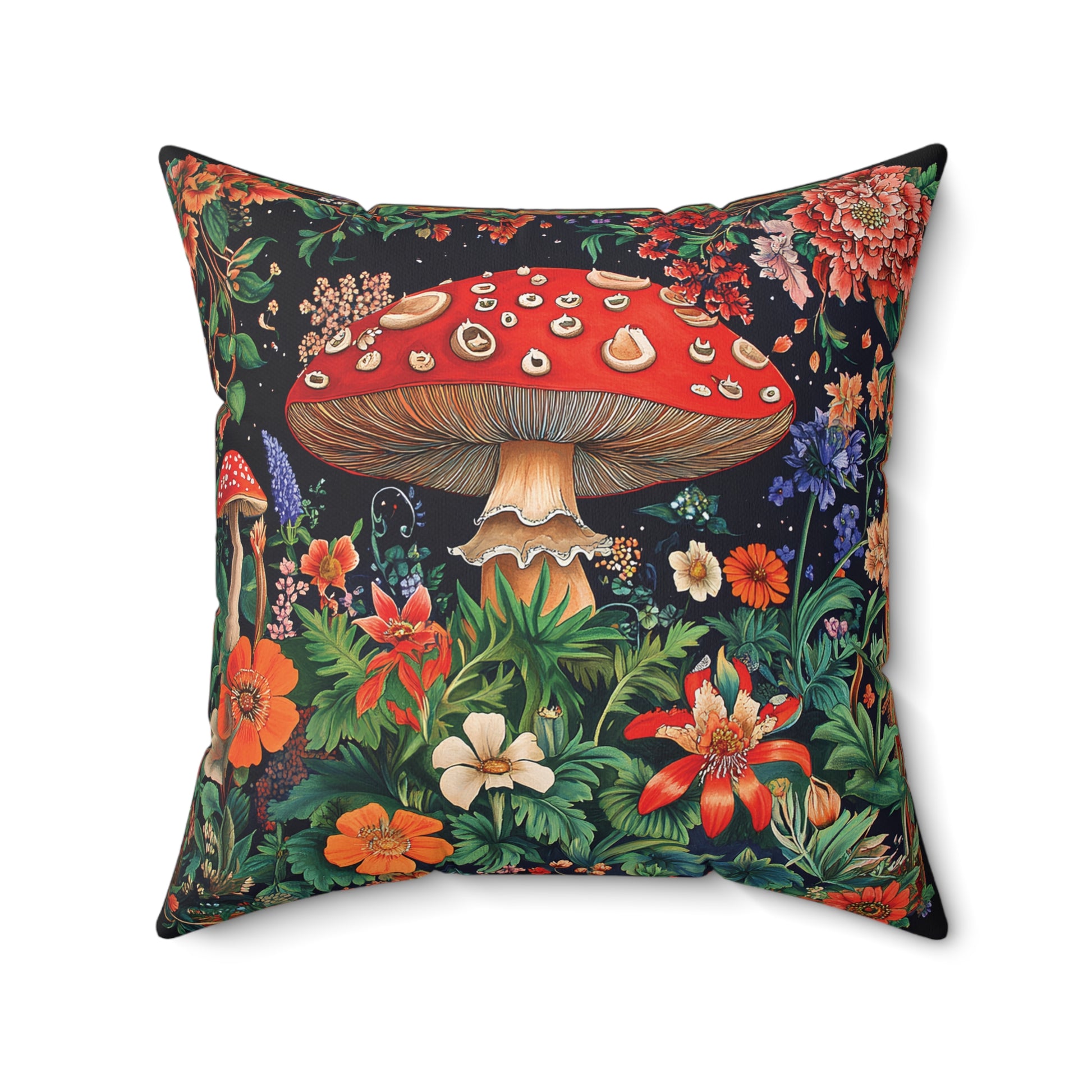 William Morris Style Mushroom and Botanicals Square Pillow, Red Mushroom and Flowers, insert included - Homevalley.co.uk