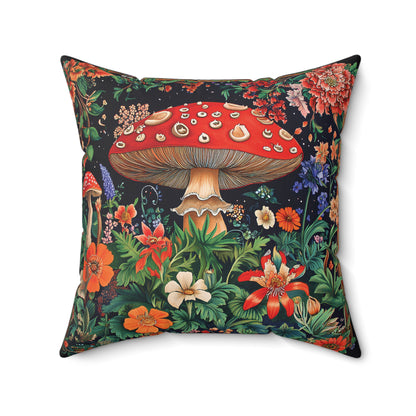 William Morris Style Mushroom and Botanicals Square Pillow, Red Mushroom and Flowers, insert included - Homevalley.co.uk