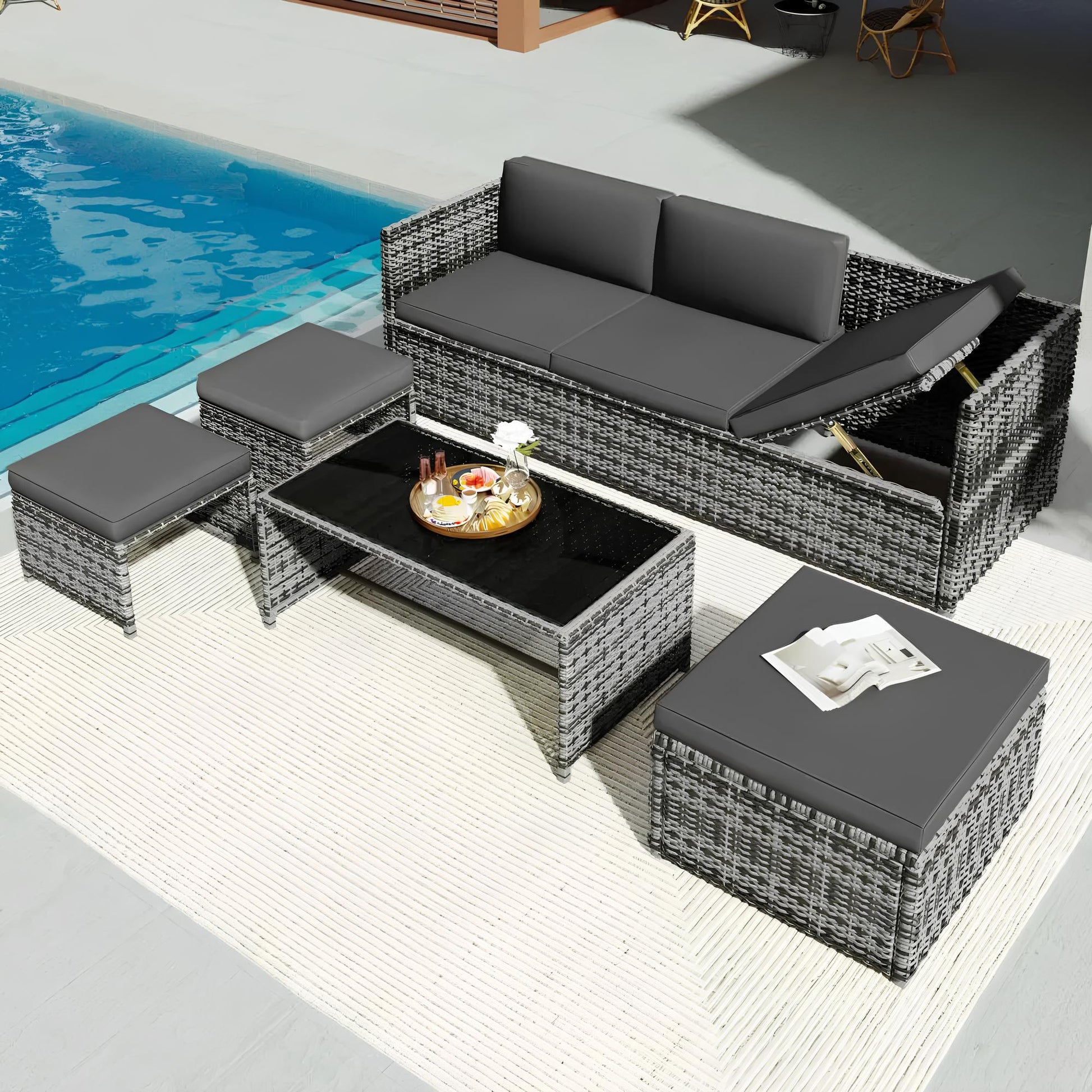 6 Seater Rattan Sofa Lounge Set with coffee table, storage and stools - Homevalley.co.uk