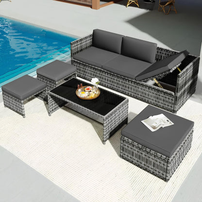 6 Seater Rattan Sofa Lounge Set with coffee table, storage and stools - Homevalley.co.uk