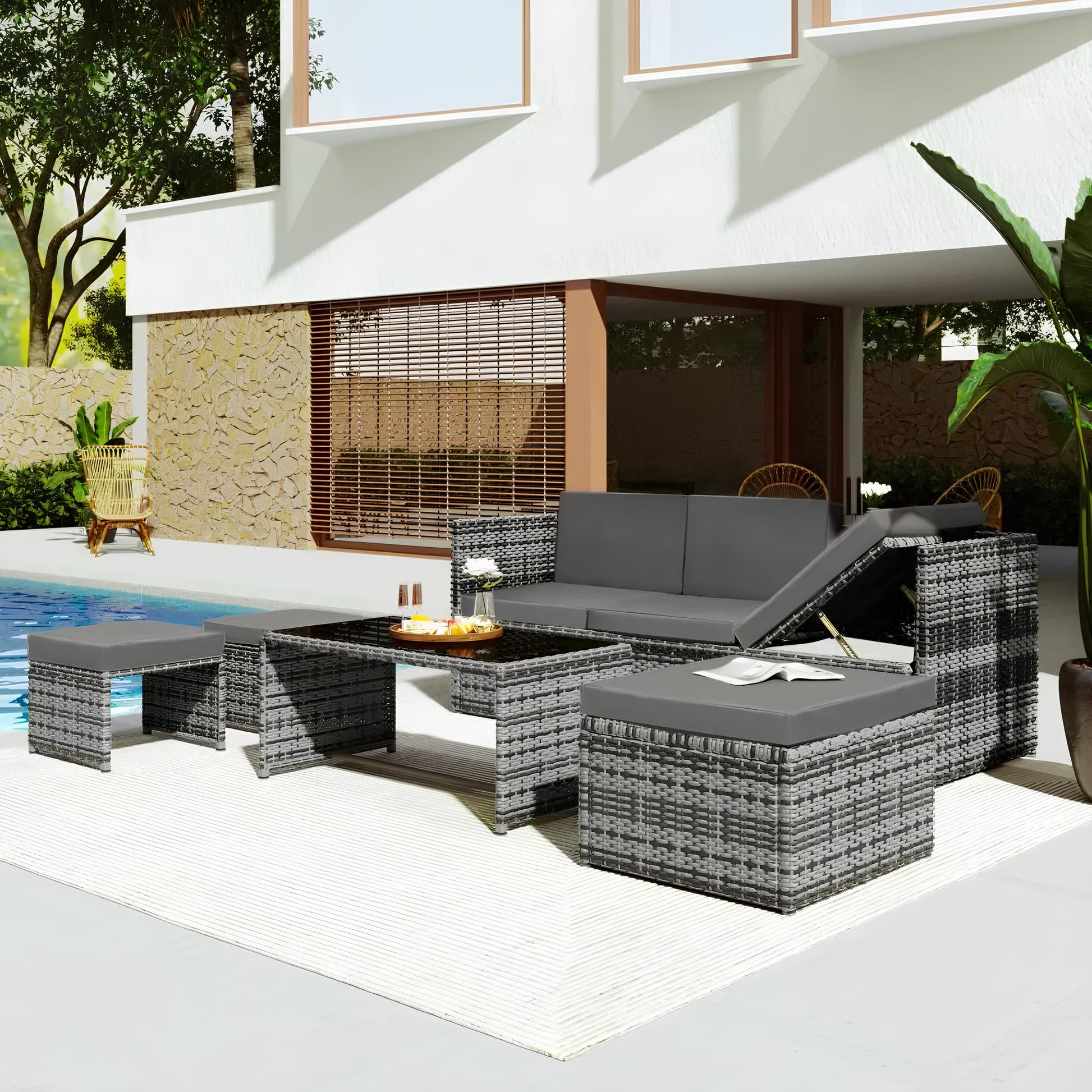 6 Seater Rattan Sofa Lounge Set with coffee table, storage and stools - Homevalley.co.uk