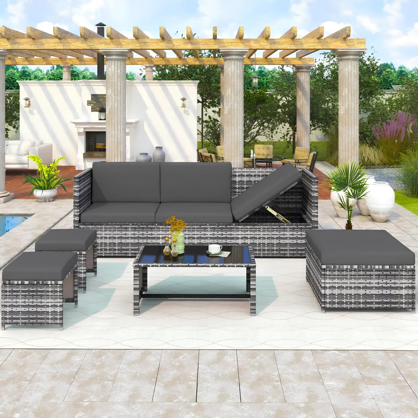 6 Seater Rattan Sofa Lounge Set with coffee table, storage and stools - Homevalley.co.uk