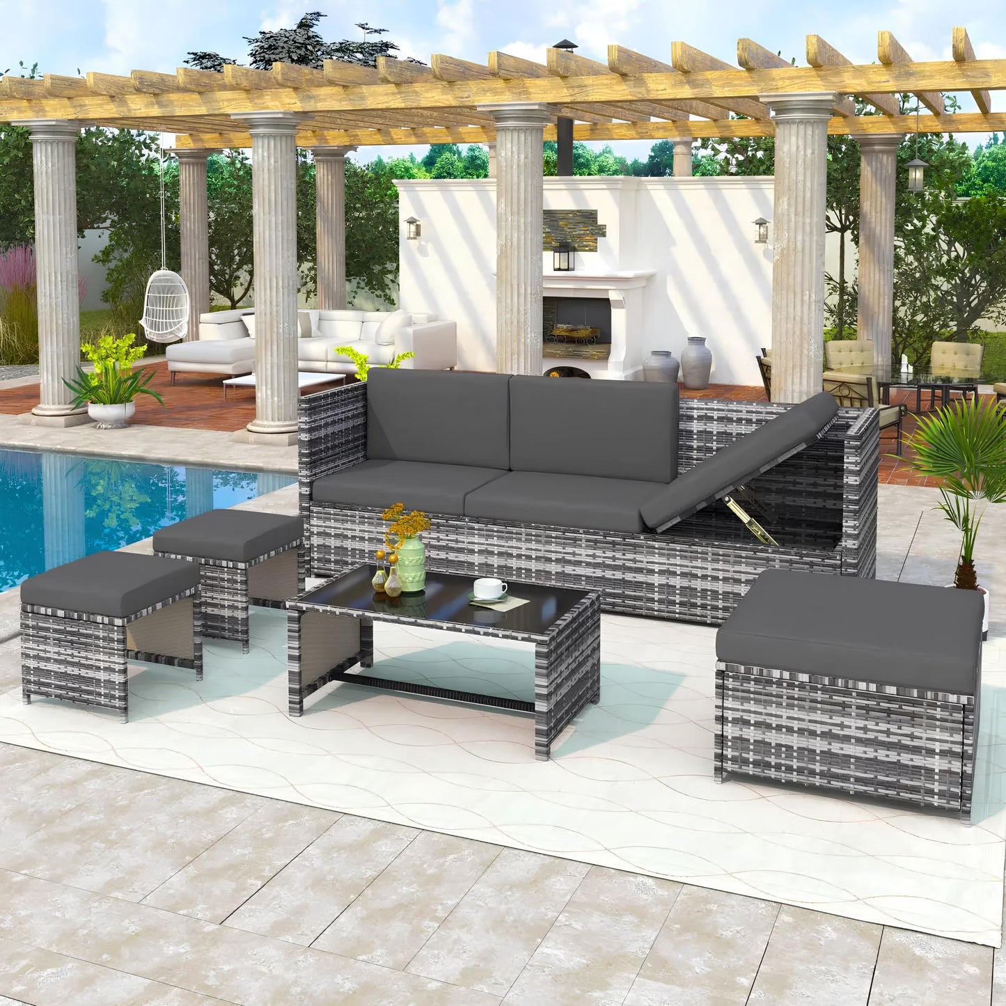 6 Seater Rattan Sofa Lounge Set with coffee table, storage and stools - Homevalley.co.uk