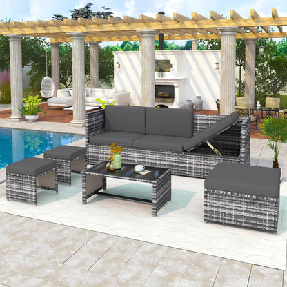 6 Seater Rattan Sofa Lounge Set with coffee table, storage and stools - Homevalley.co.uk