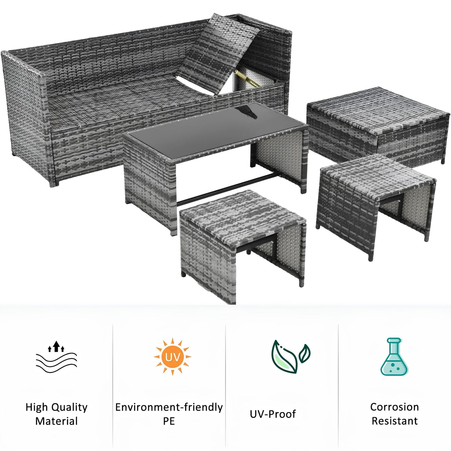 6 Seater Rattan Sofa Lounge Set with coffee table, storage and stools - Homevalley.co.uk