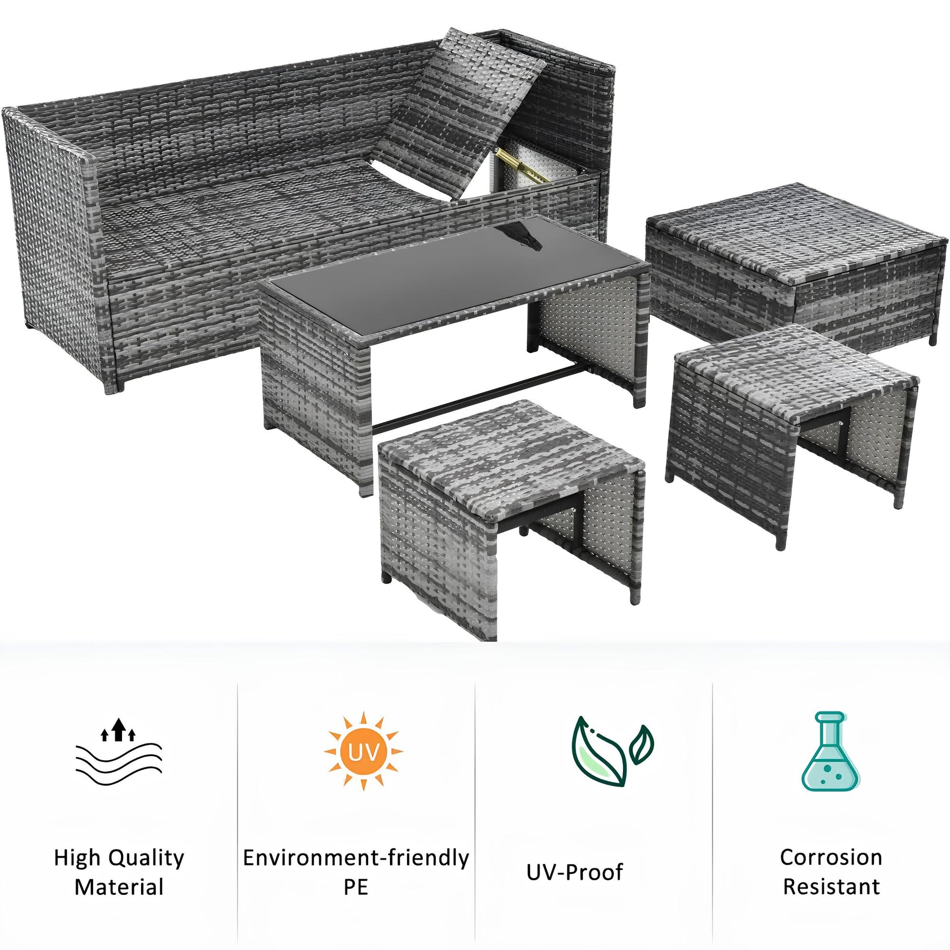 6 Seater Rattan Sofa Lounge Set with coffee table, storage and stools - Homevalley.co.uk