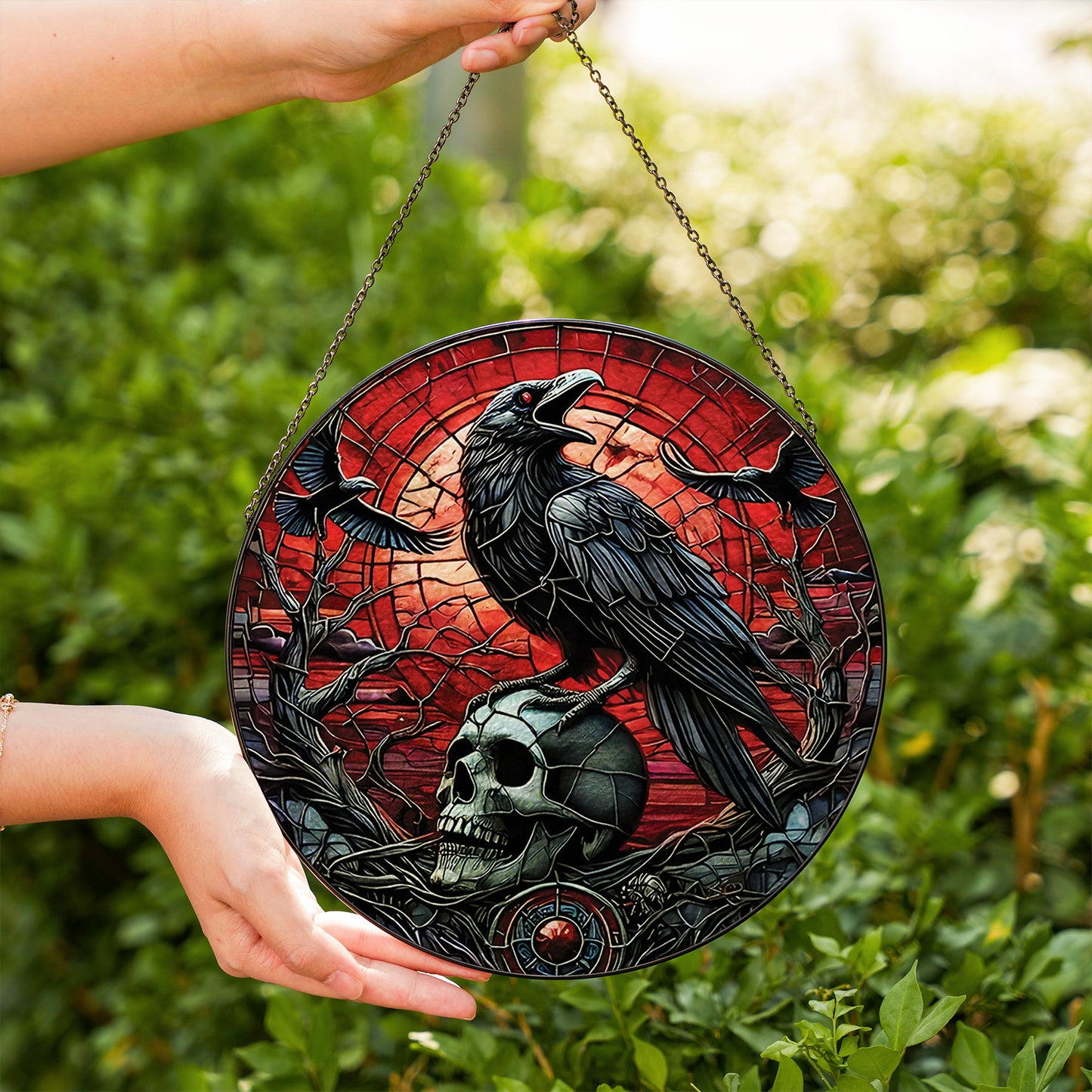 Gothic Raven Skull Stained Glass Suncatcher – Dark Crow Window Hanging, Witchy Halloween Home Decor Gift