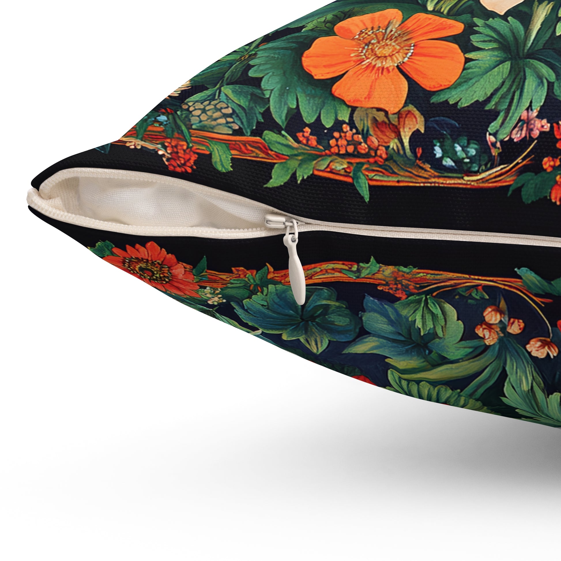 William Morris Style Mushroom and Botanicals Square Pillow, Red Mushroom and Flowers, insert included - Homevalley.co.uk