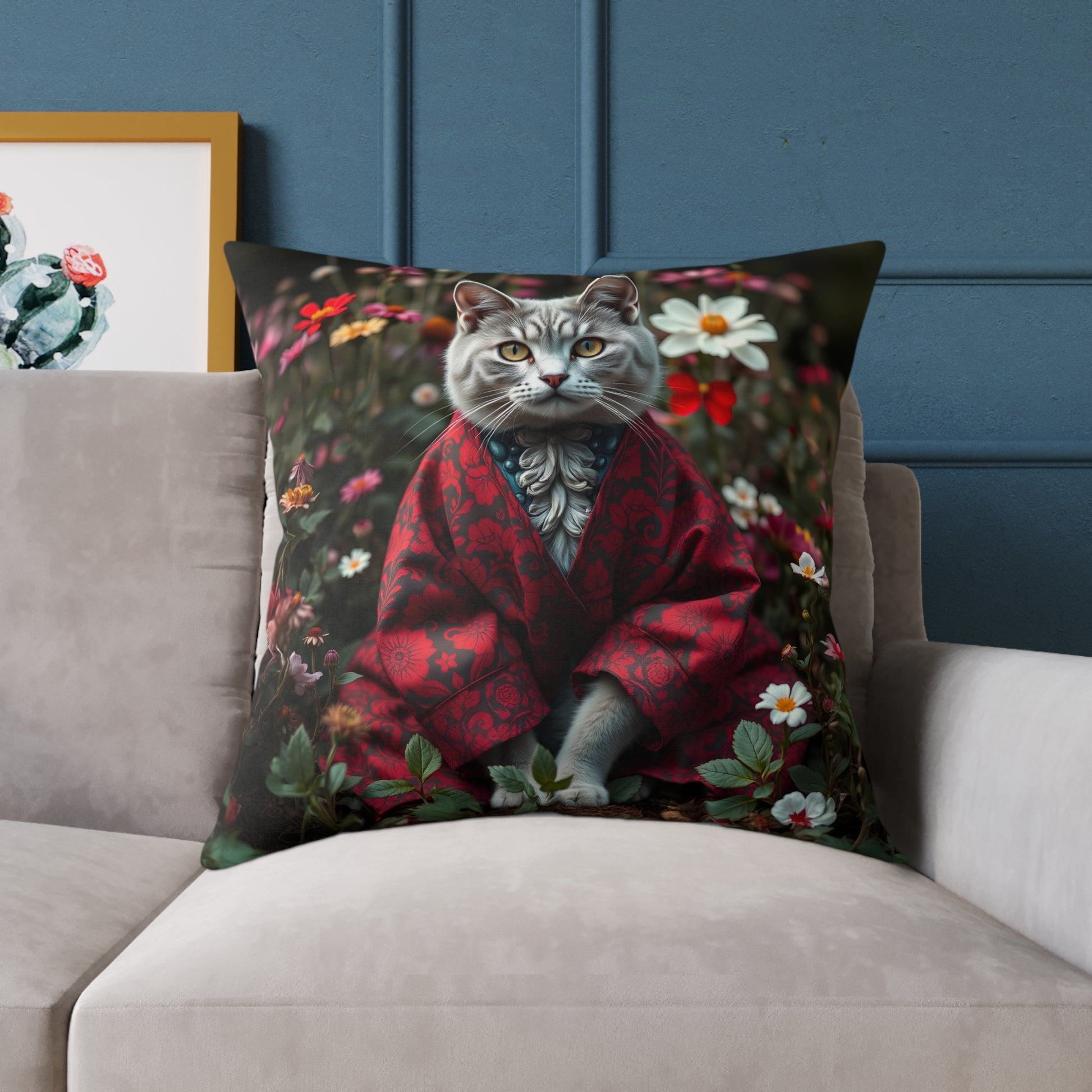 William Morris Style Cat in Kimono and Flowers Square Pillow, Botanicals and Flowers, insert included - Homevalley.co.uk