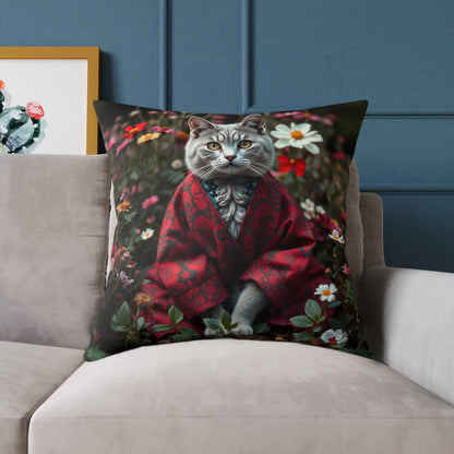 William Morris Style Cat in Kimono and Flowers Square Pillow, Botanicals and Flowers, insert included - Homevalley.co.uk