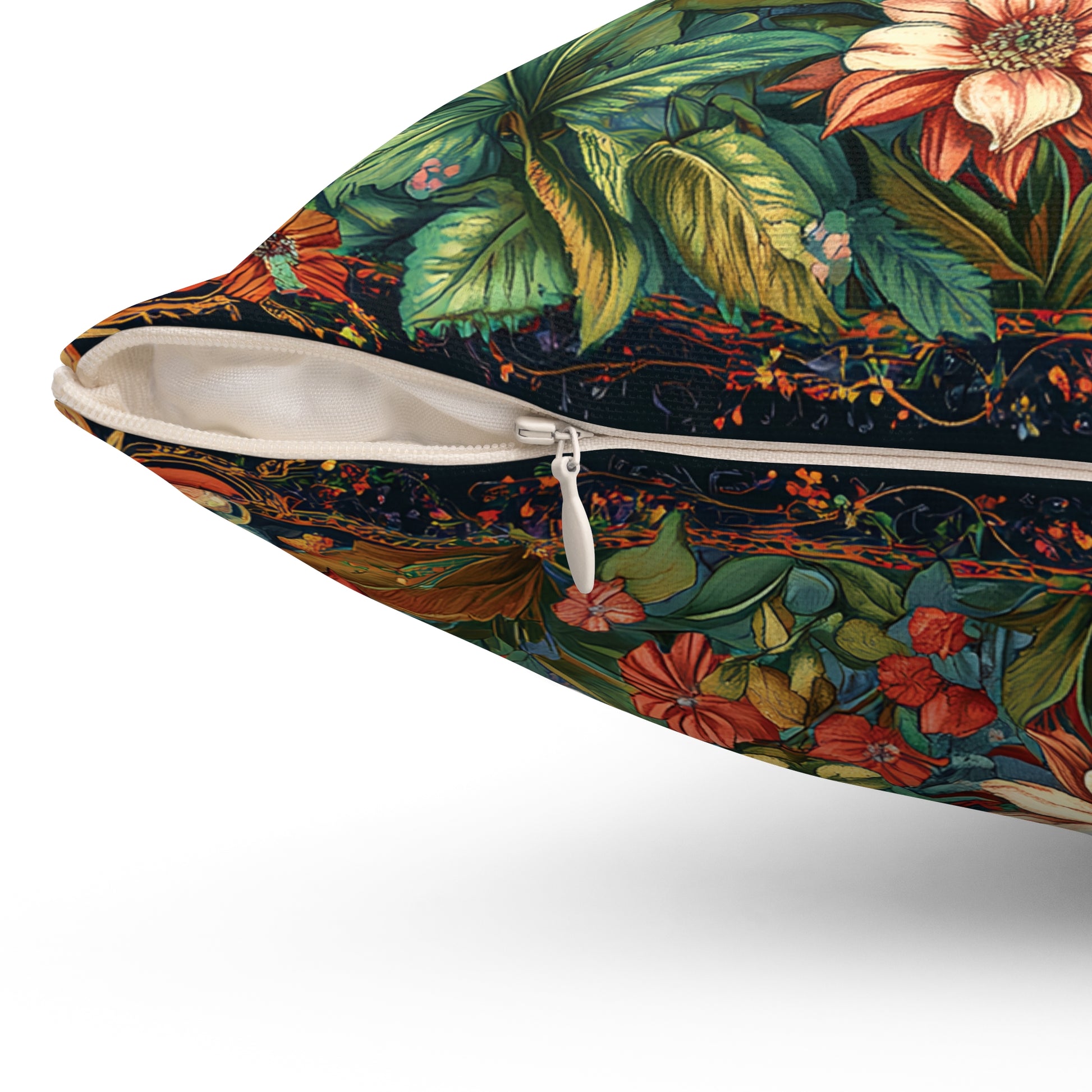 William Morris Style Mushroom and Botanicals Square Pillow, Red Mushroom and Flowers, insert included - Homevalley.co.uk