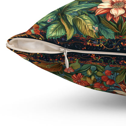 William Morris Style Mushroom and Botanicals Square Pillow, Red Mushroom and Flowers, insert included - Homevalley.co.uk