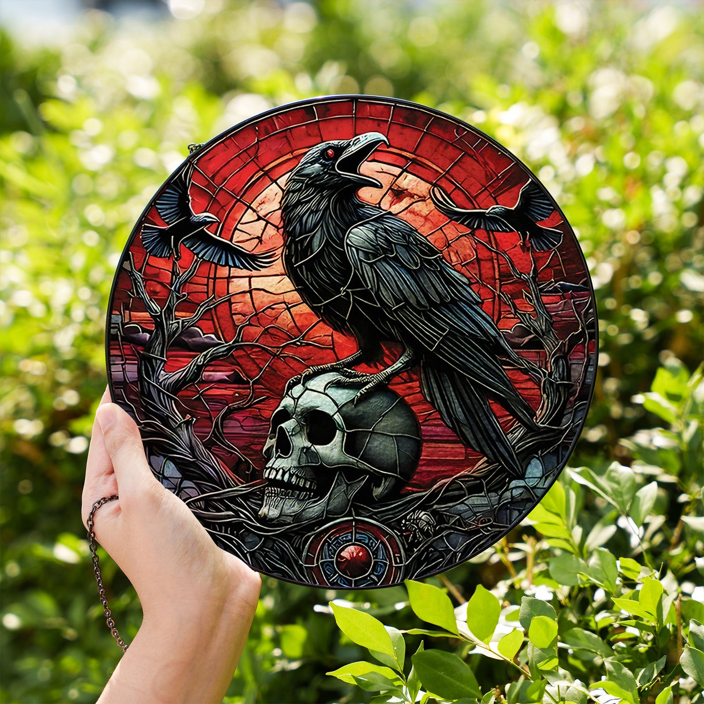 Gothic Raven Skull Stained Glass Suncatcher – Dark Crow Window Hanging, Witchy Halloween Home Decor Gift