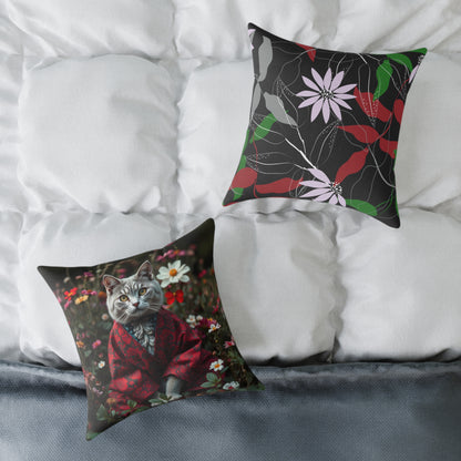 William Morris Style Cat in Kimono and Flowers Square Pillow, Botanicals and Flowers, insert included - Homevalley.co.uk
