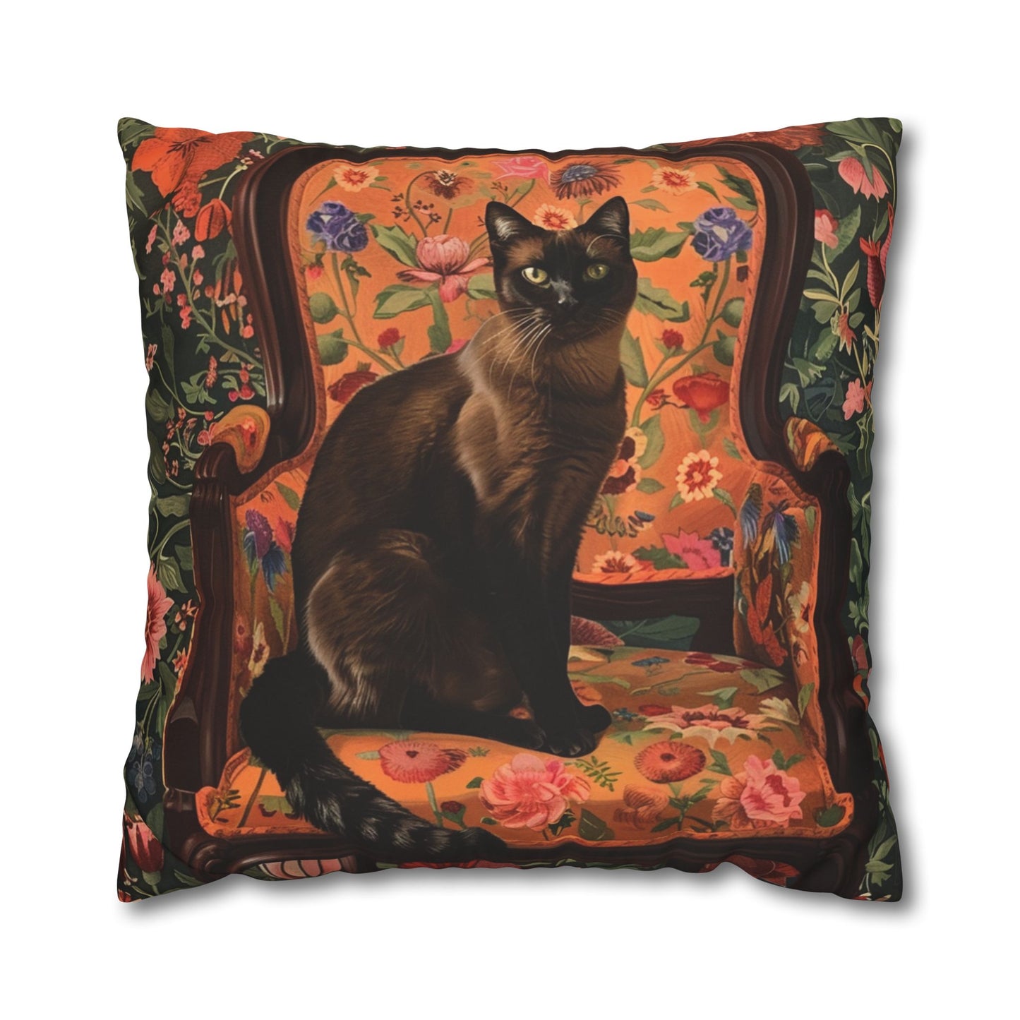 Seamise Cat Cushion Cover, Flowers Cushion Cover, Floral Pillow, Botanical Pillow, Animal Lovers - Homevalley.co.uk