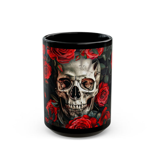 Scull and Red Roses Black Coffee Mug, Black Tea Cup, Gift for Him, Gift for Her, Father's day, Mother's day, Gift Idea (11oz, 15oz) - Homevalley.co.uk