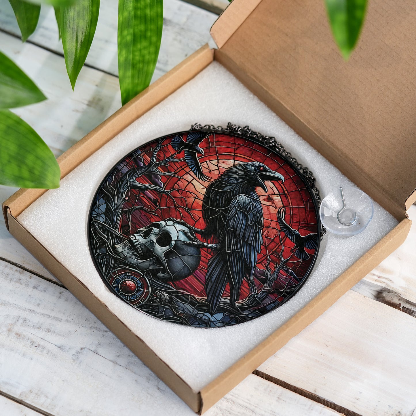 Gothic Raven Skull Stained Glass Suncatcher – Dark Crow Window Hanging, Witchy Halloween Home Decor Gift