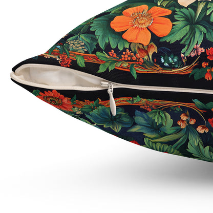 William Morris Style Mushroom and Botanicals Square Pillow, Red Mushroom and Flowers, insert included - Homevalley.co.uk