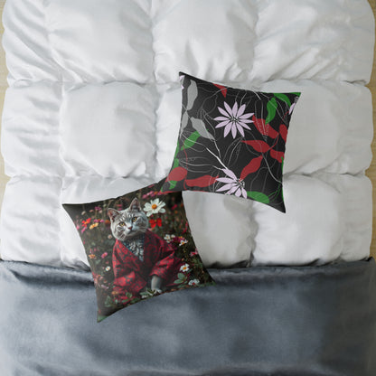 William Morris Style Cat in Kimono and Flowers Square Pillow, Botanicals and Flowers, insert included - Homevalley.co.uk