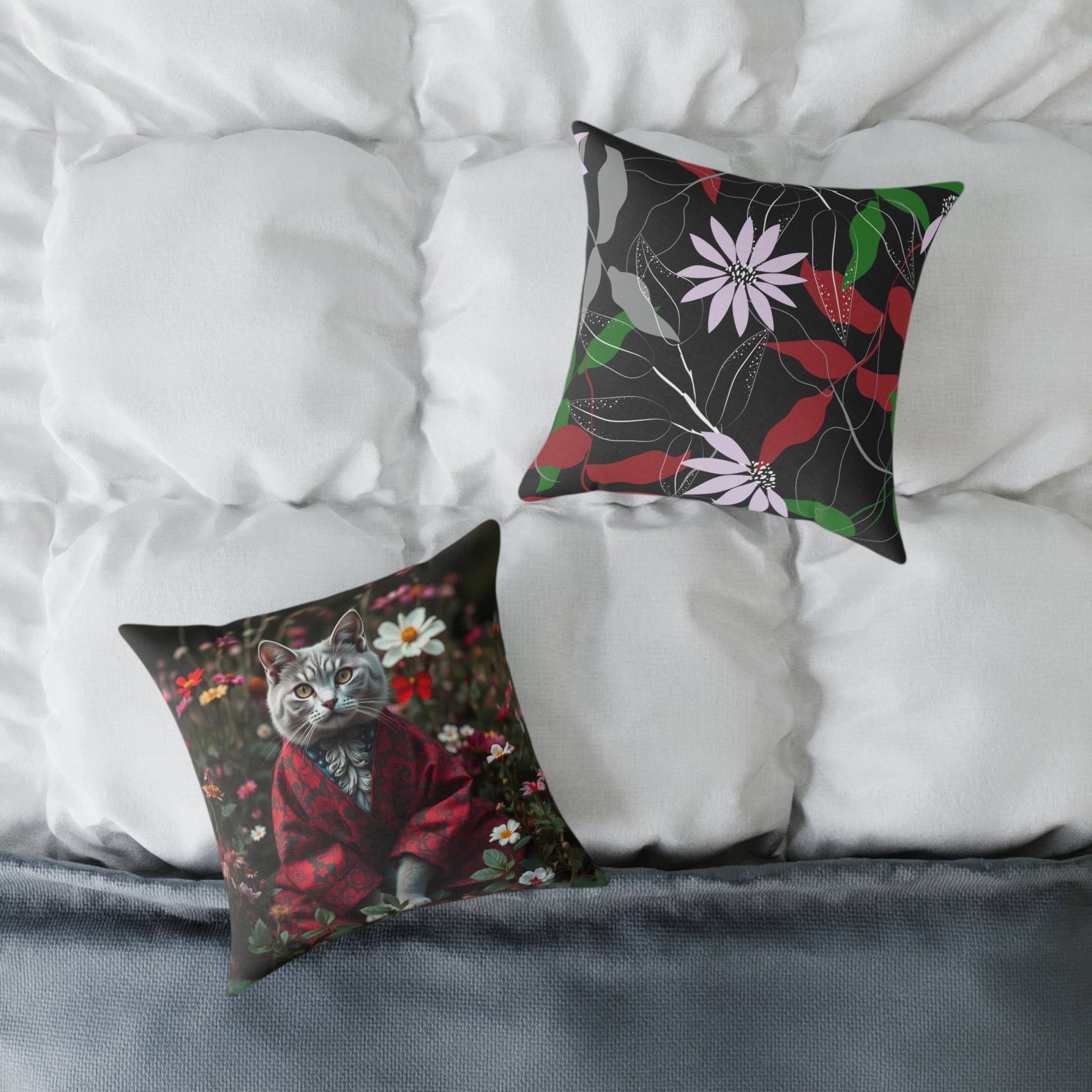 William Morris Style Cat in Kimono and Flowers Square Pillow, Botanicals and Flowers, insert included - Homevalley.co.uk