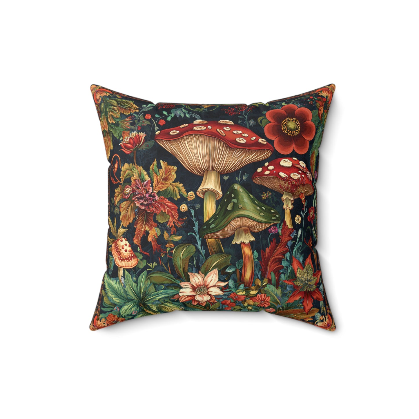 William Morris Style Mushroom and Botanicals Square Pillow, Red Mushroom and Flowers, insert included - Homevalley.co.uk