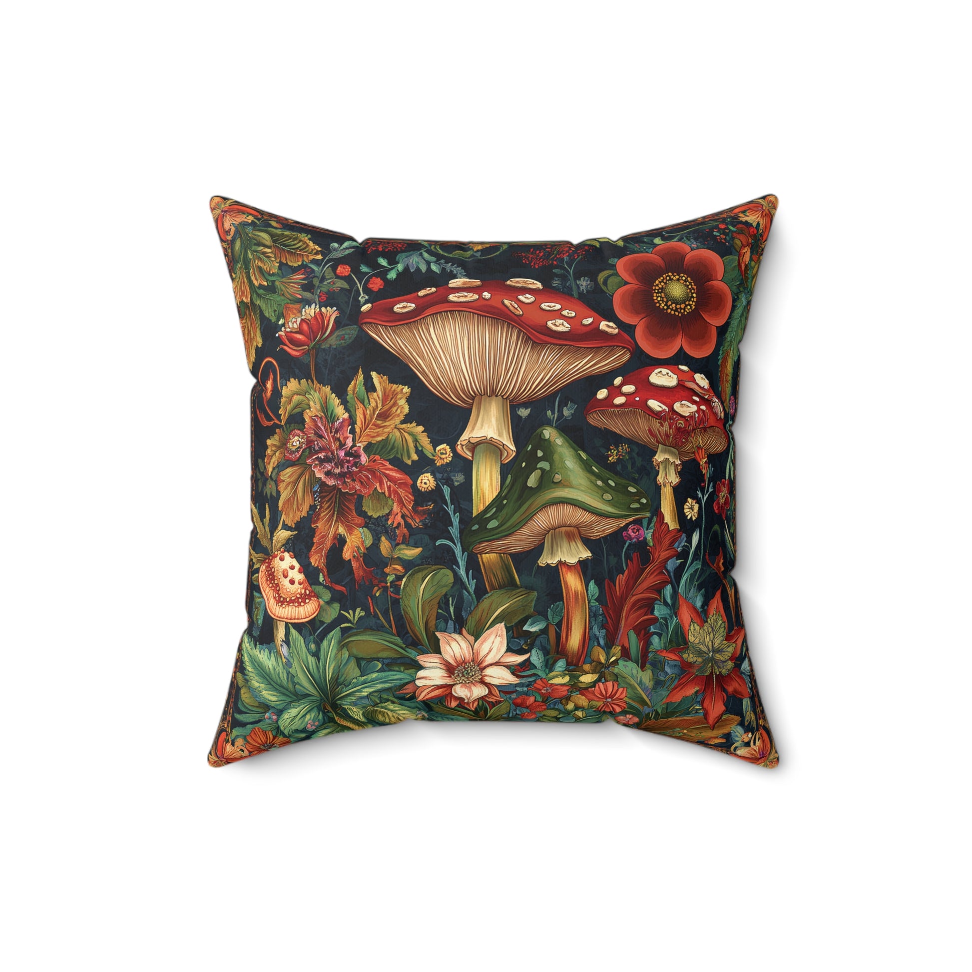 William Morris Style Mushroom and Botanicals Square Pillow, Red Mushroom and Flowers, insert included - Homevalley.co.uk