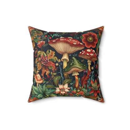 William Morris Style Mushroom and Botanicals Square Pillow, Red Mushroom and Flowers, insert included - Homevalley.co.uk